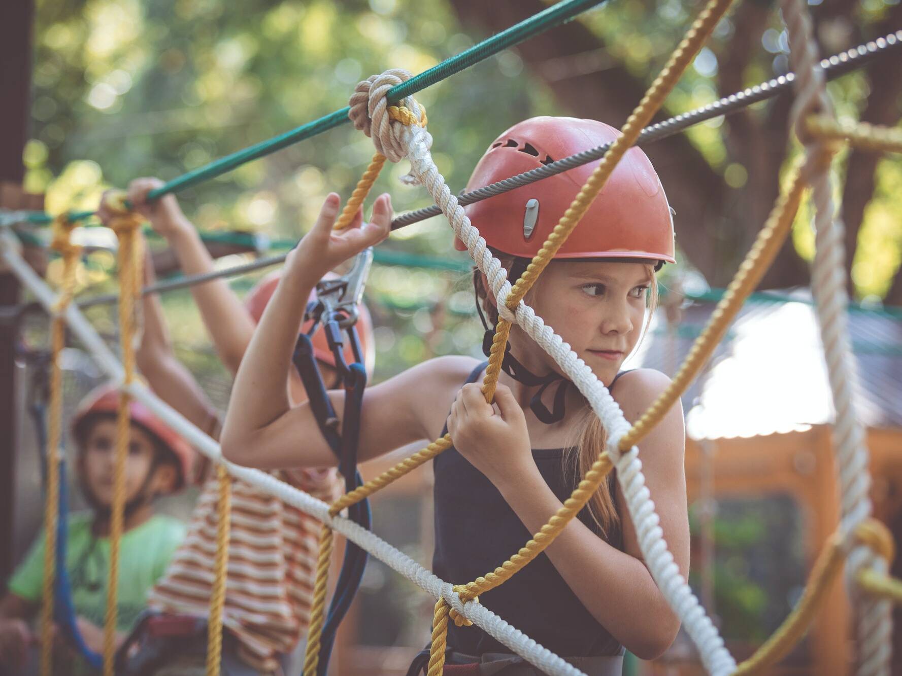 little brother and sister make climbing in the adventure park.