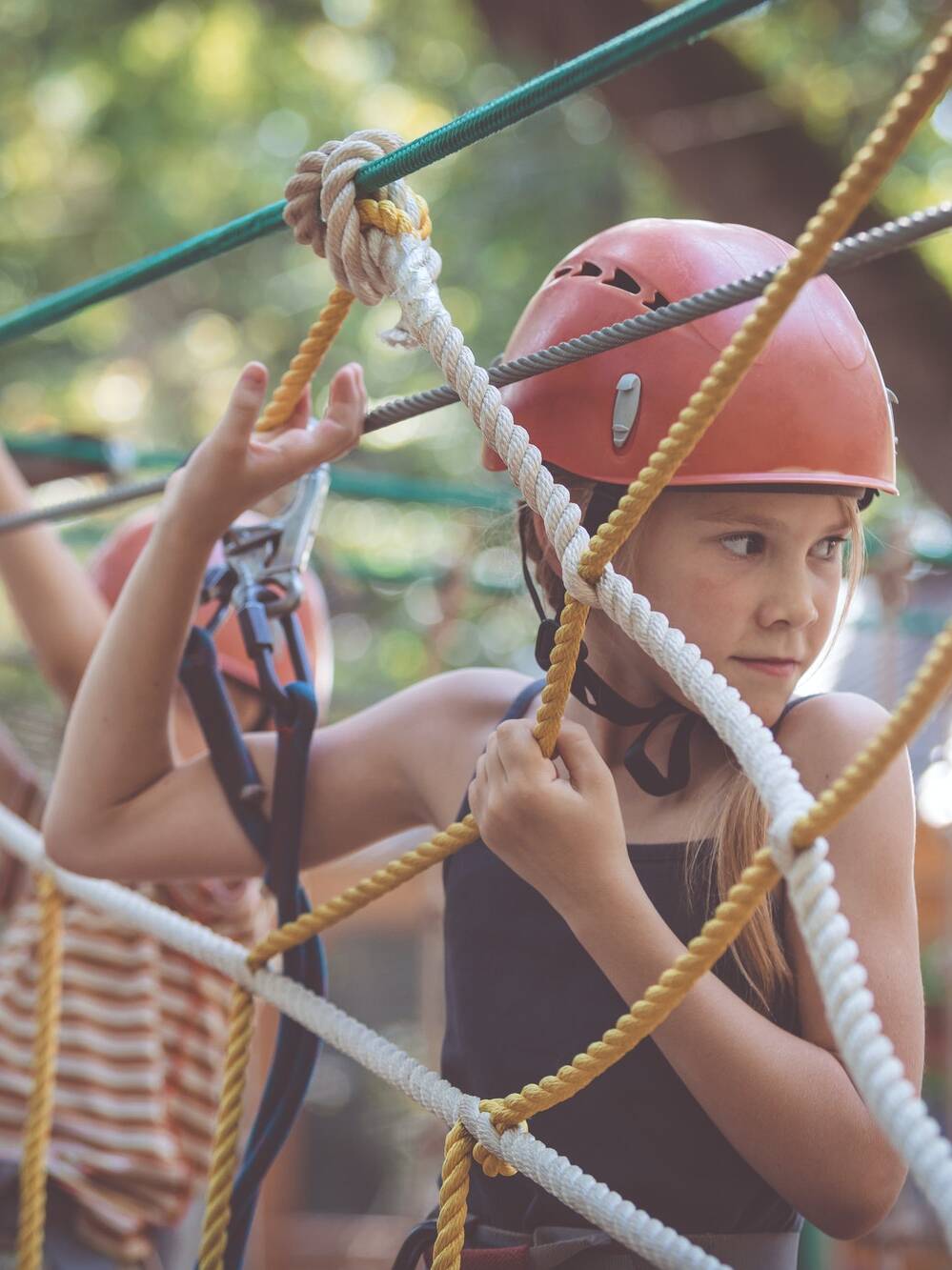 little brother and sister make climbing in the adventure park.
