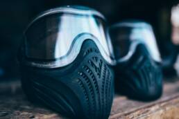 Paintball mask with glasses closeup, nobody
